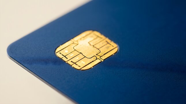 Gold electronic chip on a blue credit card surface in a macro shot representing secure banking transactions for financial data protection and global payment concept.