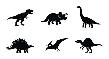 Dinosaur silhouettes set with T-Rex, Triceratops, Brontosaurus, Stegosaurus, Pterodactyl and Spinosaurus for prehistoric themes © Sihab