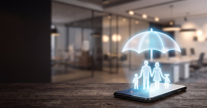 Glowing family protection hologram standing above smartphone on rustic wooden desk inside office background