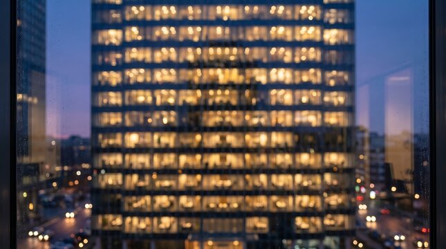 Blurred view of illuminated office windows in a modern high rise building during the evening twilight
