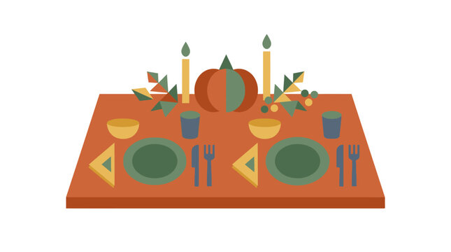 Thanksgiving dinner table setting with plates, pumpkins, and candles in a Editable_EMS