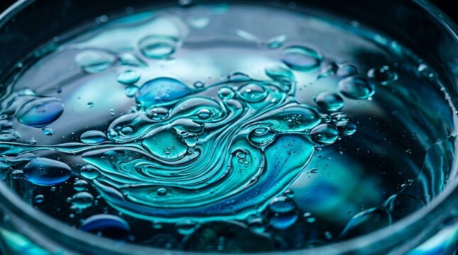 Abstract macro view of oil droplets floating in blue liquid with abstract patterns container with float blue