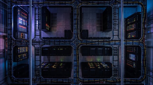 Server racks with blinking lights arranged in a grid inside a modern data center facility with illuminated indicator lights