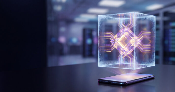 Futuristic glowing microchip hologram floating above smartphone screen inside dark server room interior