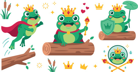 Obraz premium Cute Frog Prince Character Vector Icon Set with Royal Crown Cape Scepter Shield and Log Elements for Fairy Tale Graphic Designs