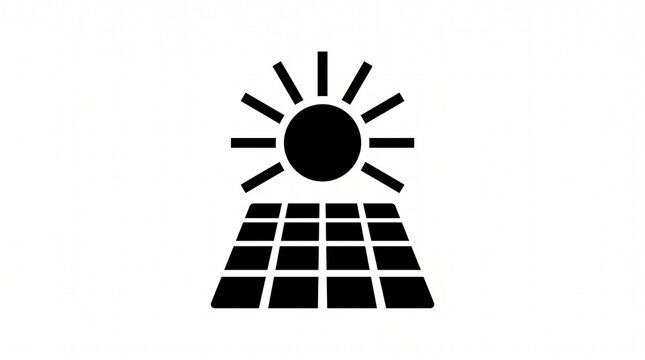 Solar panel icon with sun, black silhouette on white background, renewable energy concept