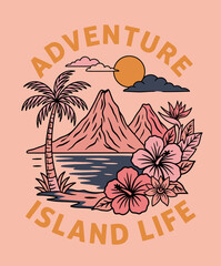 Adventure island life. Tropical paradise vector design. Palm tree volcano artwork. © panji