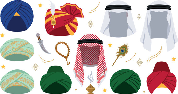 Traditional Middle Eastern and South Asian Headdress Vector Icon Set with Arab Ghutrah Sikh Turbans and Royal Rajasthani Pagri Headwear Designs