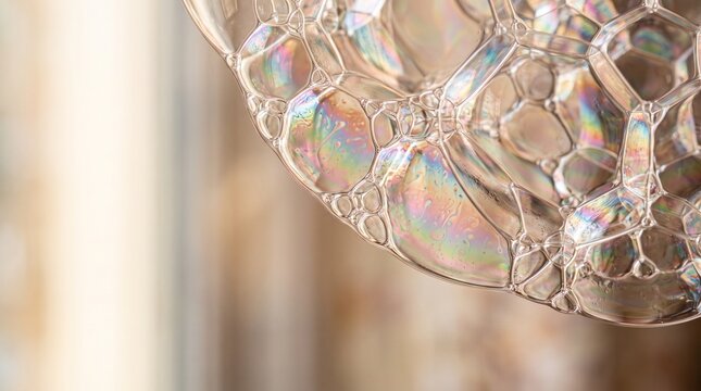 Close up of a cluster of iridescent soap bubbles showing complex geometric film patterns with view cluster