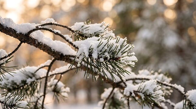 Close up of pine tree branches covered in fresh white winter snow during the day with covered thick layer