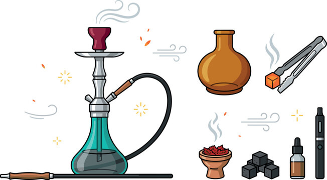 Hookah and Vape Smoking Culture Icon Vector Set with Shisha Pipe Charcoal Tongs Liquid Dropper and Electronic Cigarette Elements for Lounge Design