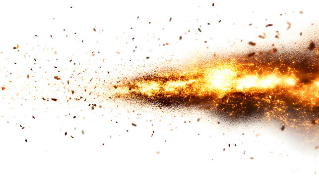 Fiery sparks and embers exploding outward against a clean white background with outward dynamic motion burst outward particulate explosion particles scattered intensity with isolated