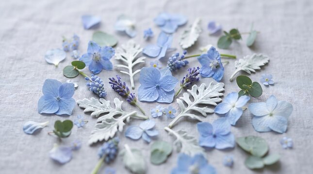 Assorted blue flower petals and leaves scattered on a light grey textured fabric surface background with green leaves arranged