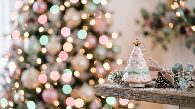 Ceramic christmas tree ornament resting on a rustic wooden shelf with glowing holiday bokeh lights with weathered wooden surface