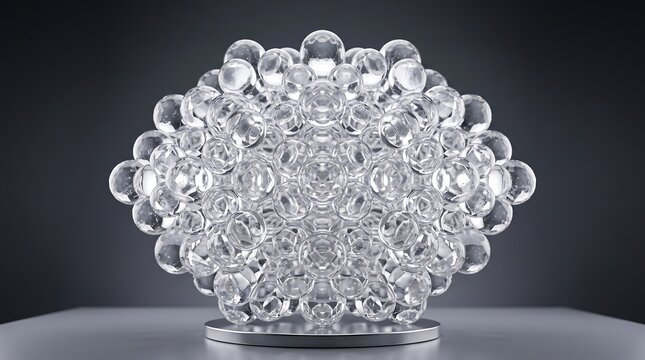 A spherical sculpture made of many clear glass spheres arranged on a flat metal base with cluster translucent glass