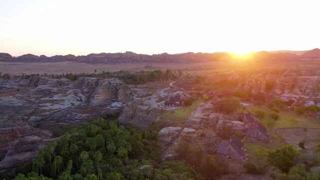 Sunset over rocky plateau and trails in Isalo Madagascar
