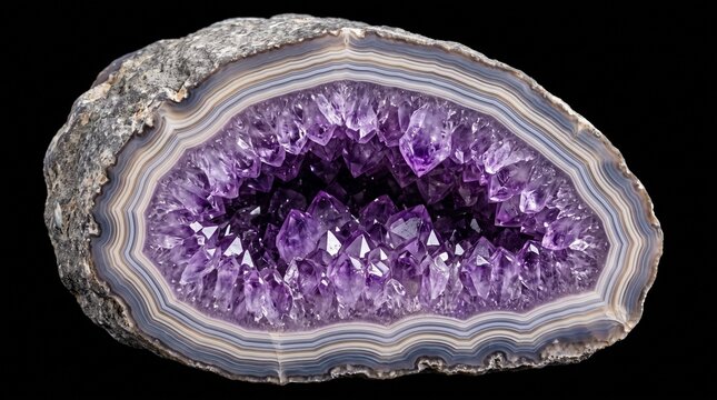 Cross section of an amethyst geode with banded agate layers
