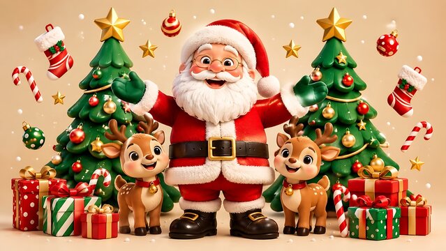 Santa Claus greeting with reindeer during Christmas celebration in
