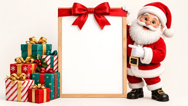 Santa Claus holding blank sign with gift boxes for Christmas holiday