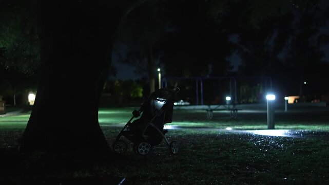 A lonely baby stroller stands beneath a large tree in an empty park at night near a wet pathway and illuminated playground, creating an unsettling atmosphere