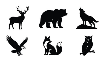 Obraz premium Wild animal silhouettes set with deer, bear, wolf, eagle, fox and owl for nature logos and icons