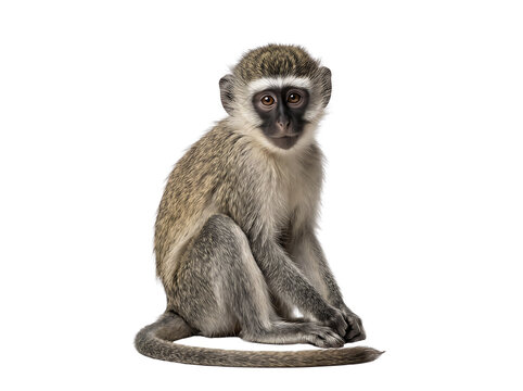 Young vervet monkey sitting attentively during studio lighting with a curious gaze