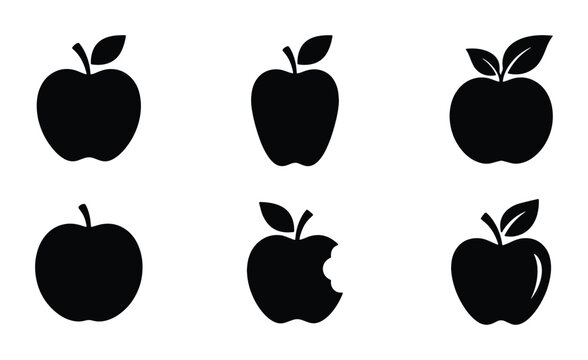 Apple silhouettes set with whole and bitten fruit for healthy eating or logos