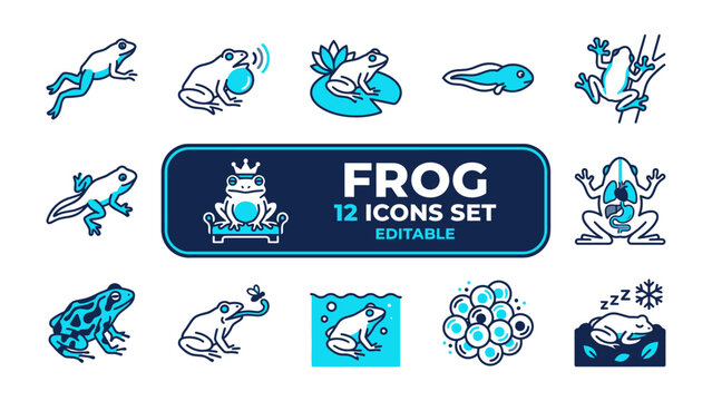 Frog Icon Set: A collection of 12 editable icons depicting various stages of a frog's life cycle and different frog behaviors, rendered in a stylized blue and white palette.