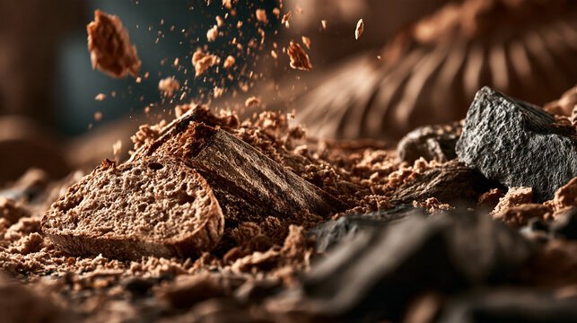Crumbled artisan bread pieces with dark textures bread crumbs baked goods food photography