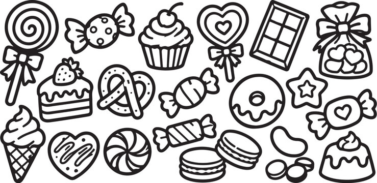 Hand drawn sweets and treats collection silhouette isolated on transparent background