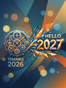 Abstract clockwork gears saying Hello 2027 and Thanks 2026 with bokeh lights.