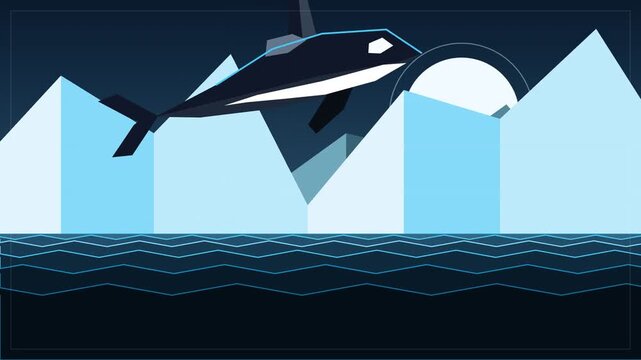 Minimalist flat vector illustration of an orca jumping in ocean