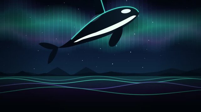 Minimalist graphic orca whale breaching in neon arctic night sky