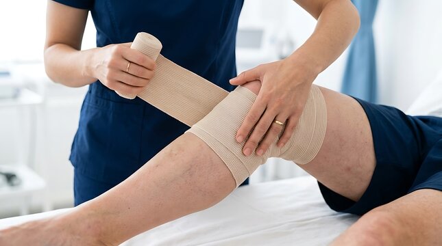 Professional nurse wrapping a patients knee with an elastic bandage