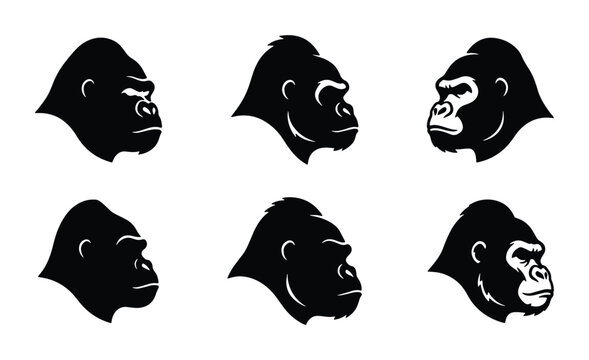 Gorilla head silhouettes set with different facial expressions for wildlife or strength logos