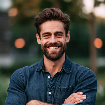 Portrait of a smiling man with a beard outdoors bearded man blue shirt friendly fac