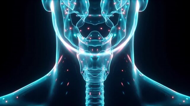 黒背景の中央で気道のクリスタル輪郭と光波流体が発光するCG動画背景