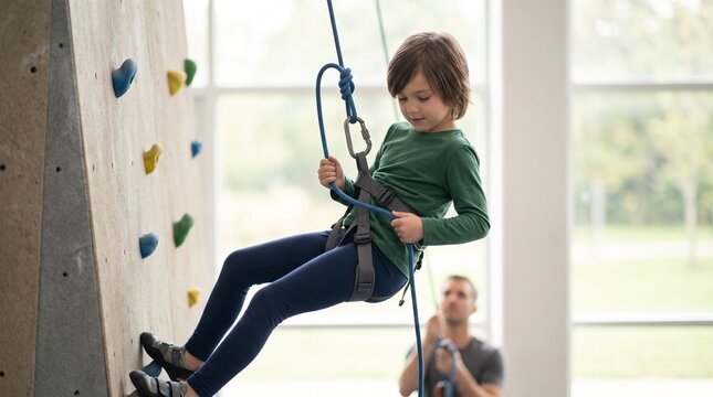 Young boy abseiling down indoor climbing wall with safety harness and rope under instructor supervision, symbolizing youth bouldering, indoor sports safety, and adventure activity