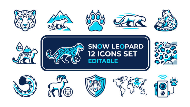 Snow Leopard Icon Set: A collection of stylized icons featuring snow leopards, mountains, paw prints, and abstract patterns, presented in a clean, modern graphic style.