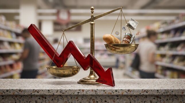 Scales of justice with a grocery basket and red arrow in a supermarket