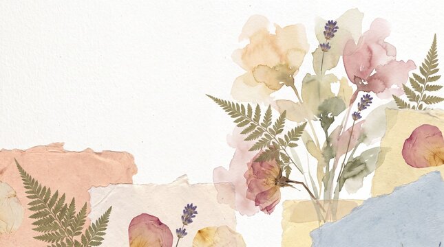 Vintage floral collage background, pressed dried flowers and fern leaves on handmade torn paper, rustic wedding invitation border