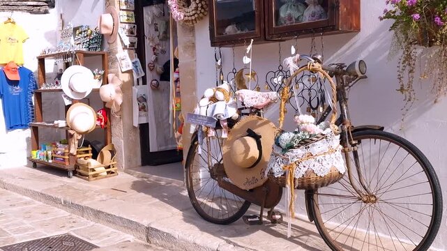 Alberobello Puglia Italy Vintage Bicycle Street Decor Rustic Shop Handcrafted Straw Hats Lace Basket Handmade Dolls. South Italy White Walls town. Handheld B Roll 4K UHD POV Video