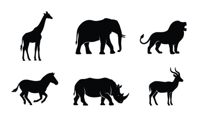 Fototapeta premium African savanna animal silhouettes set with giraffe, elephant, lion, zebra, rhino and antelope for wildlife
