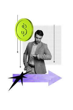 Vertical photo collage of serious businessman look time watch arrow down coin dollar inflation reduction isolated on painted background