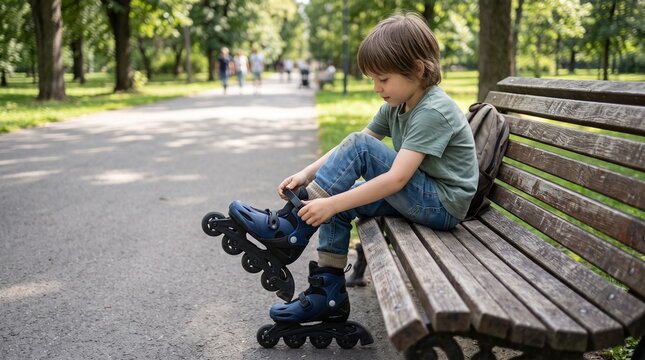 Young boy sitting on park wooden bench unbuckling his blue inline roller skates, depicting post-workout rest, outdoor inline skating, and kids sports routine