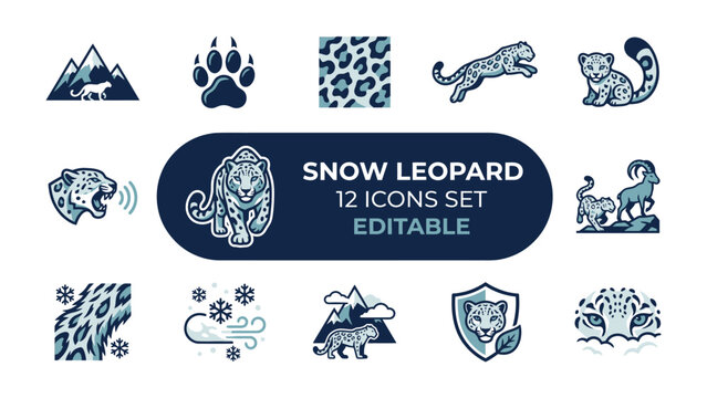 Snow Leopard Icon Set: A graphic collection of 12 editable icons featuring snow leopards, their habitat, and associated elements, presented in a cool blue palette.