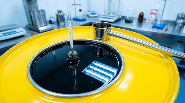 Industrial quality testing of petroleum product in yellow laboratory drum