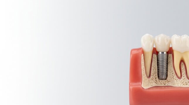 Dental implant model demonstrating tooth replacement isolated on white background