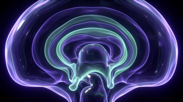 黒背景の中央で視床下部のクリスタル輪郭と流体層が発光するCG動画背景
