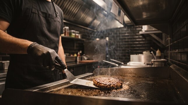 Close-up of chef in black gloves pressing juicy beef burger patty on smoking flat top griddle using spatula, highlighting smash burger technique and commercial kitchen cooking